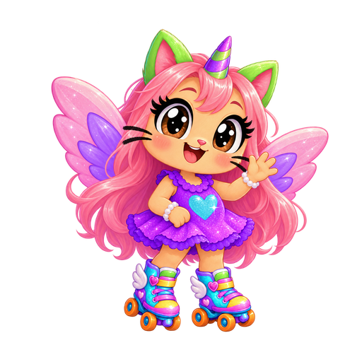 Charlotte, with pink hair, fairy wings and rainbow skates