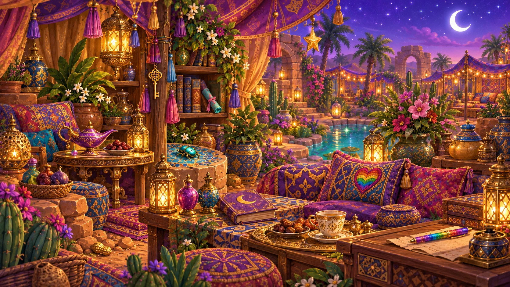 A richly illustrated desert courtyard filled with treasures to discover