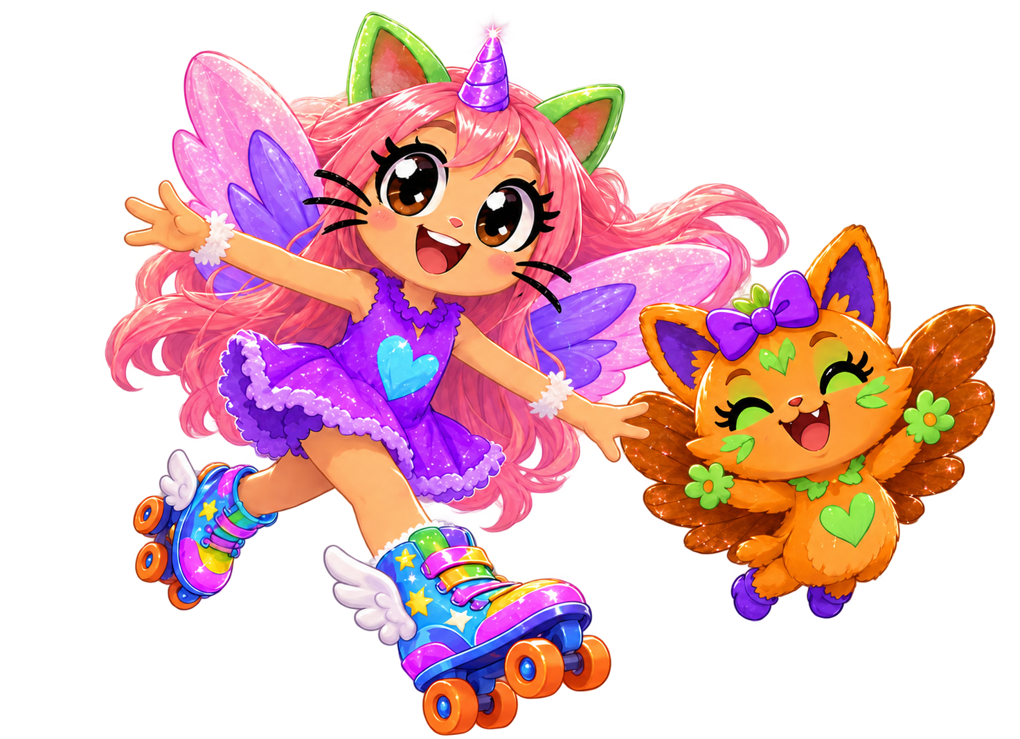 Charlotte and Peanut fly together past flowers, floating castles and a sparkling rainbow